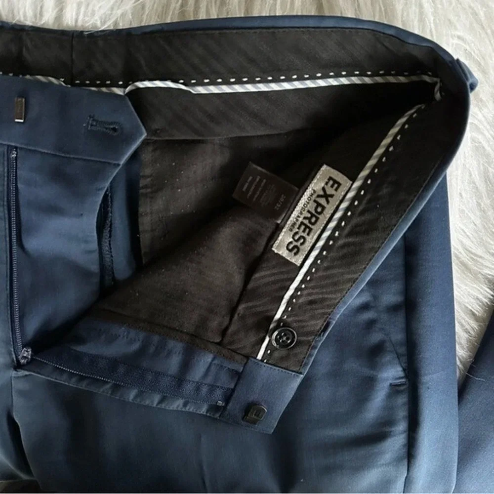 Express Suit Set Pants Blazer Blue Photographer Fitted Preppy Sz 38 Short 30/32